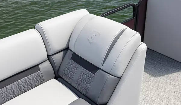 premium stitching on the split bench seating on a godfrey sweetwater entertainment pontoon