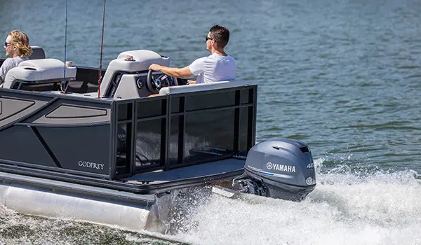 rear view of the engine on a godfrey mighty g fishing pontoon