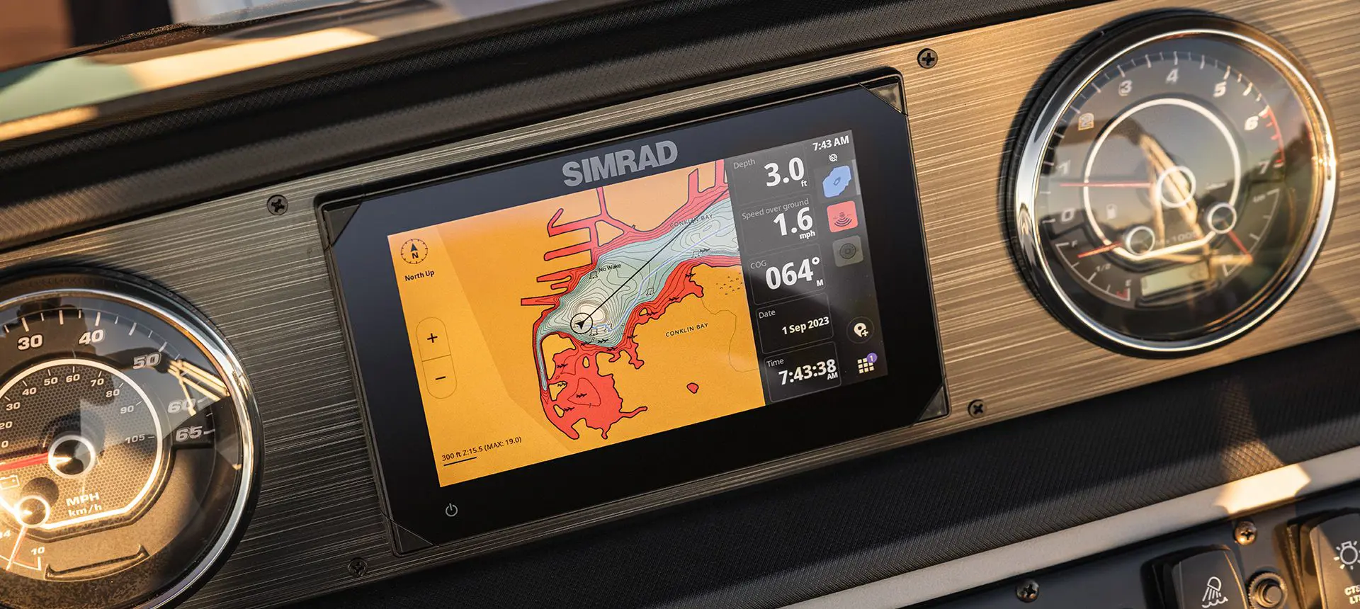 simrad GPS on a godfrey sweetwater fishing pontoon