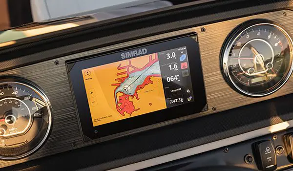 simrad GPS on a godfrey sweetwater fishing pontoon