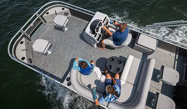 aerial view of a family on a godfrey xperience fishing pontoon