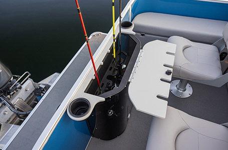 Integrated rod storage on a Godfrey pontoon boat with the Fishing layout.