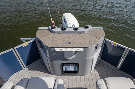 The convenient fishing station on the stern of a Godfrey pontoon boat with the Fishing layout.