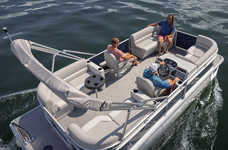 3 people enjoying the lake with cruising comfortably on a Godfrey pontoon boat with a Split Bench layout.
