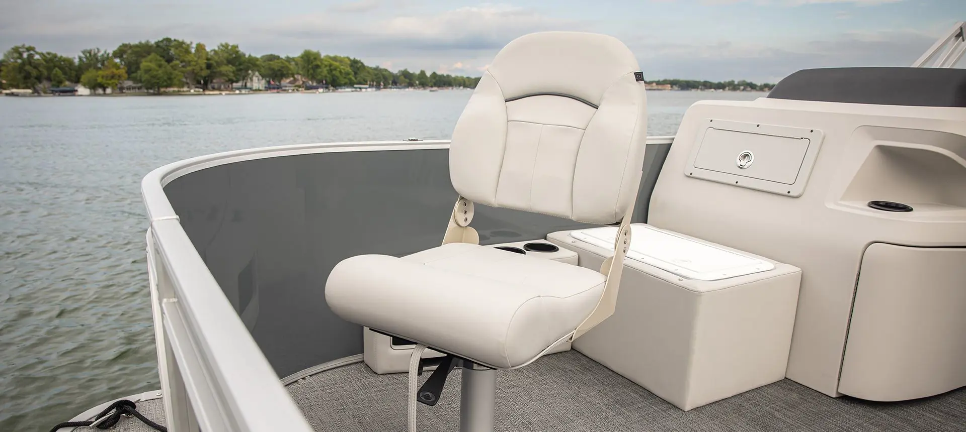 Fishing seat on the bow of a Godfrey Sweetwater Fishing pontoon boat.