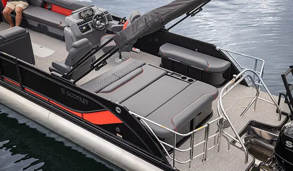 Stern lounge seating on a Godfrey Sweetwater Lounge pontoon boat.