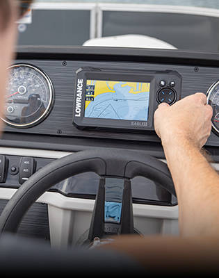Fish finder interface on a Godfrey Sweetwater Special Edition pontoon.