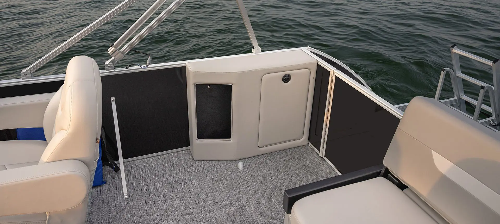 Stern integrated storage on a Godfrey Xperience Lounge pontoon boat.