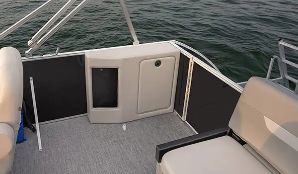Stern integrated storage on a Godfrey Xperience Lounge pontoon boat.
