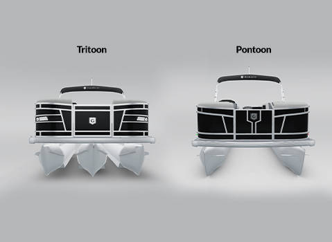 Front view diagram of a Tritoon with three hulls, and a pontoon with two hulls.