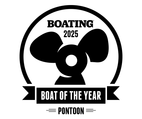 Official Boating 2025 Boat of the Year award seal for the Godfrey Sanpan Pontoon boat.