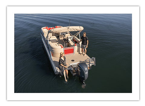 Aerial view showcasing the Back Proch deck extension option on a Godfrey pontoon boat.