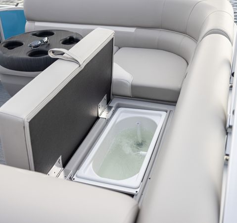 Under-seat aerated livewell on a Godfrey pontoon boat with the Fishing layout.