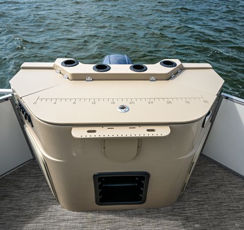 Fish center on the stern of a Godfrey pontoon boat with the Fishing layout.