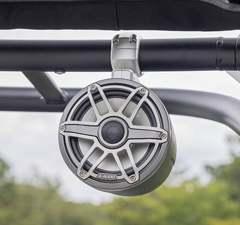 Premium JL Audio speaker on a Godfrey pontoon boat with a Quad Social layout.