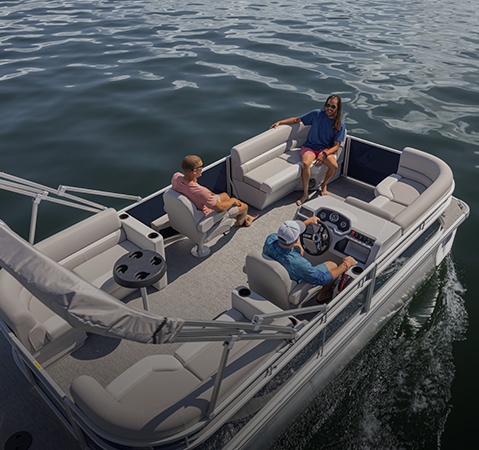Aerial view of a Godfrey pontoon boat with a Split Bench (SB) layout.