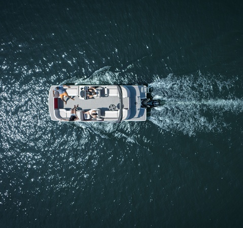 Aerial view of a Godfrey pontoon boat with Split Bench layout and center walk-thru.