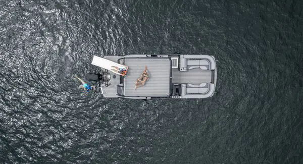 Aerial view of a Godfrey Monaco pontoon boat with a Sundeck.