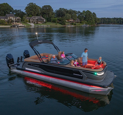 Full-spectrum RGB lighting on a Godfrey Sanpan pontoon boat.