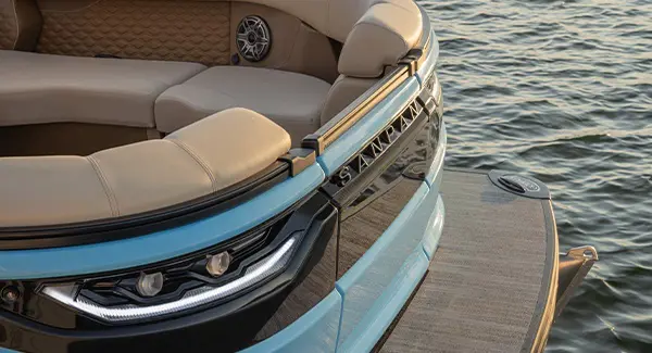 Bow focused view showcasing the front-gate on a Godfrey Sanpan pontoon boat.