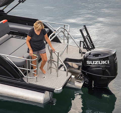 Extended deck on the stern of a Godfrey Sweetwater pontoon boat.
