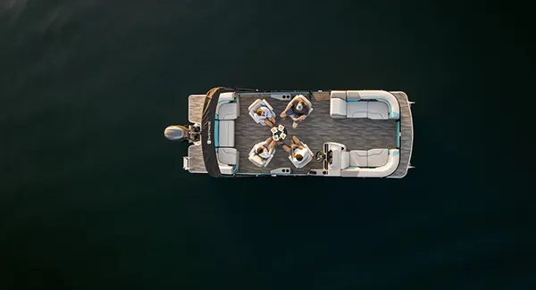 Aerial view of a Godfrey Monaco pontoon boat with a Quad Social layout.