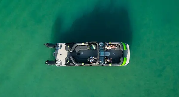 Aerial view showcasing the layout of a Godfrey XP tritoon boat.