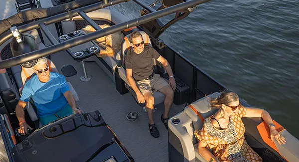 Over head view of the people enjoying a cruise on a Godfrey XP tritoon boat.