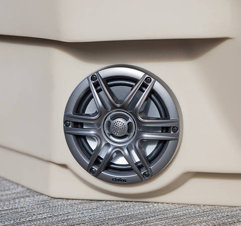 Integrated Clarion speaker on a Godfrey Xperience pontoon boat.