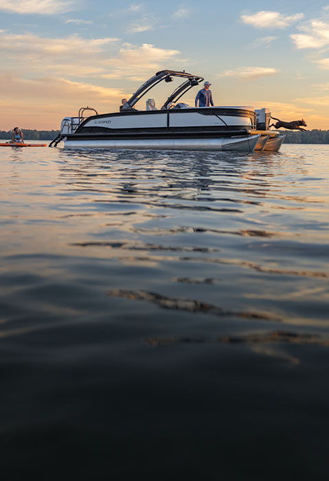 Dog jumping from a Godfrey Monaco pontoon boat as three paddleboarders gather nearby on a lake at sunset.
