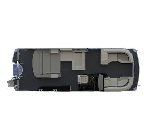Overhead view of a Godfrey pontoon boat floor plan with wraparound seating, helm station and open stern deck.