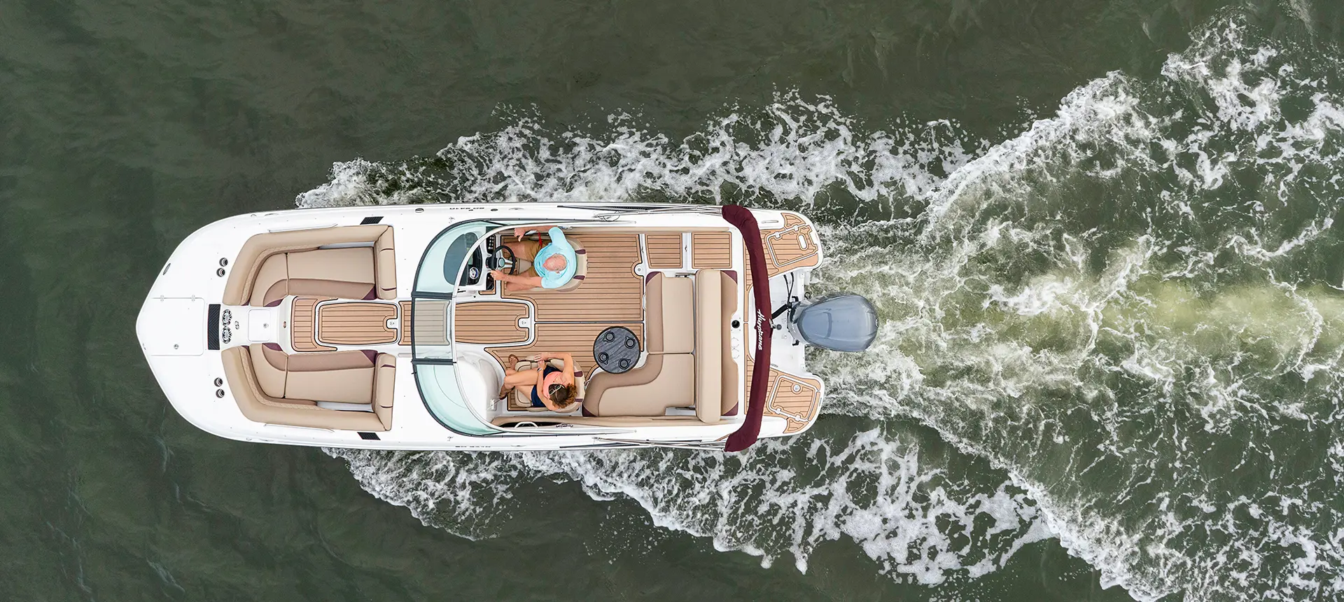 aerial view of a hurricane sundeck 2410 OB deck boat