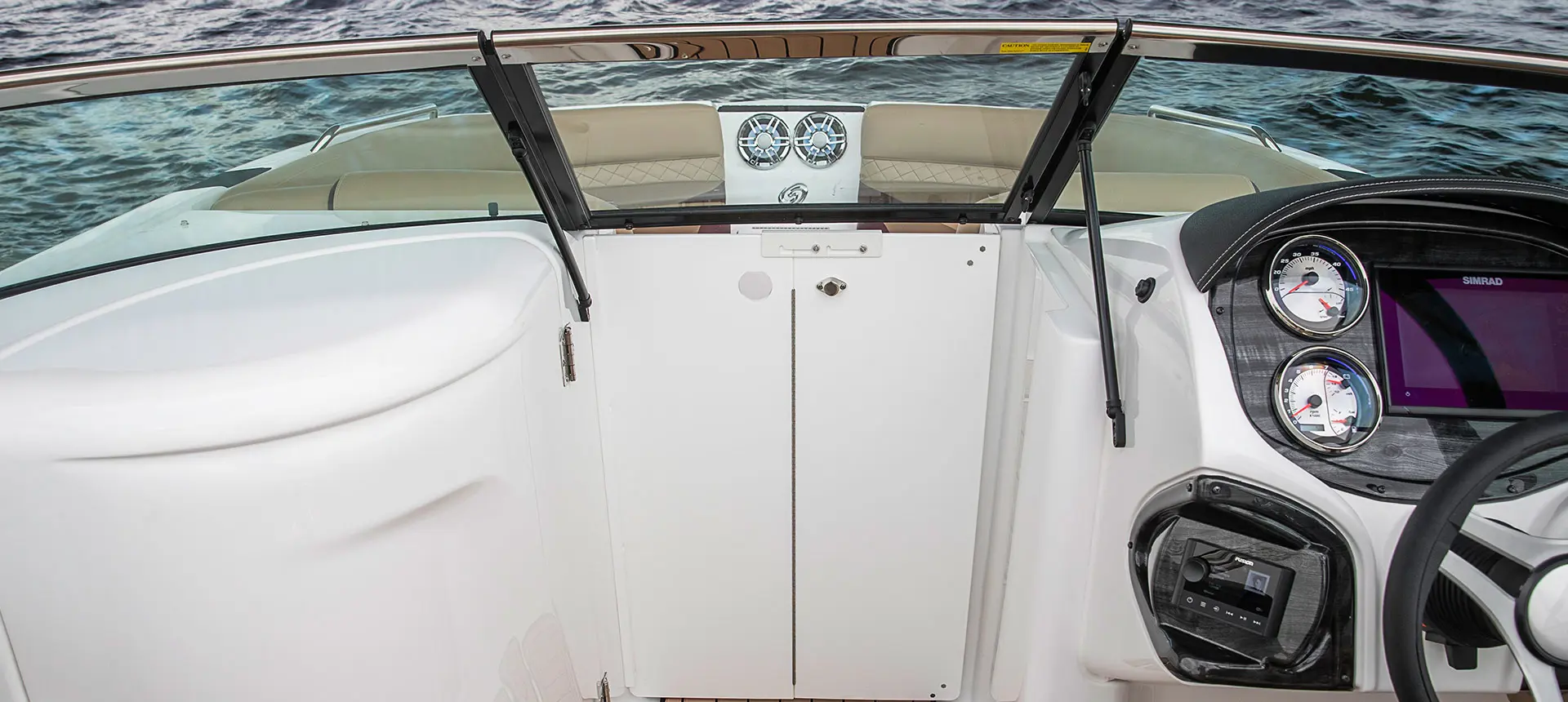 optional walk-thru windshield door on a hurricane sundeck 2410 OB deck boat