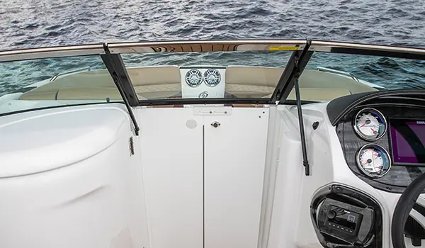 optional walk-thru windshield door on a hurricane sundeck 2410 OB deck boat