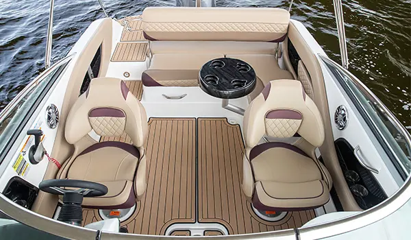 hurricane sundeck 2410 OB deck boat with soft touch tan interior with black cherry accent