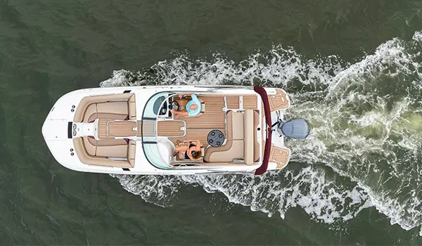aerial view of a hurricane sundeck 2410 OB deck boat