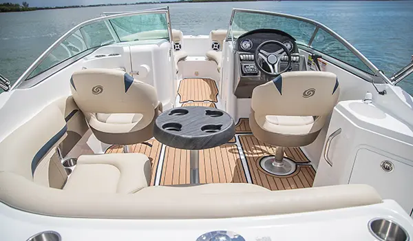 bow focused view of a hurricane sundeck 2200 DC OB deck boat