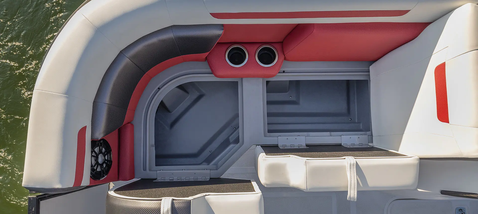 aerial view of the in-seat storage on a hurricane fundeck boat