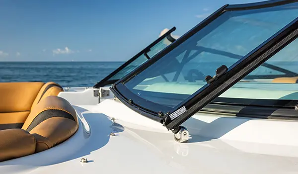 Windshield detail on a Hurricane SunDeck 2486 OB.