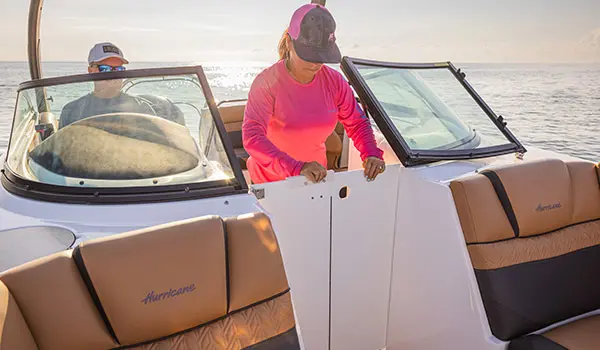 Drivers door on a Hurricane SunDeck 2486 OB.
