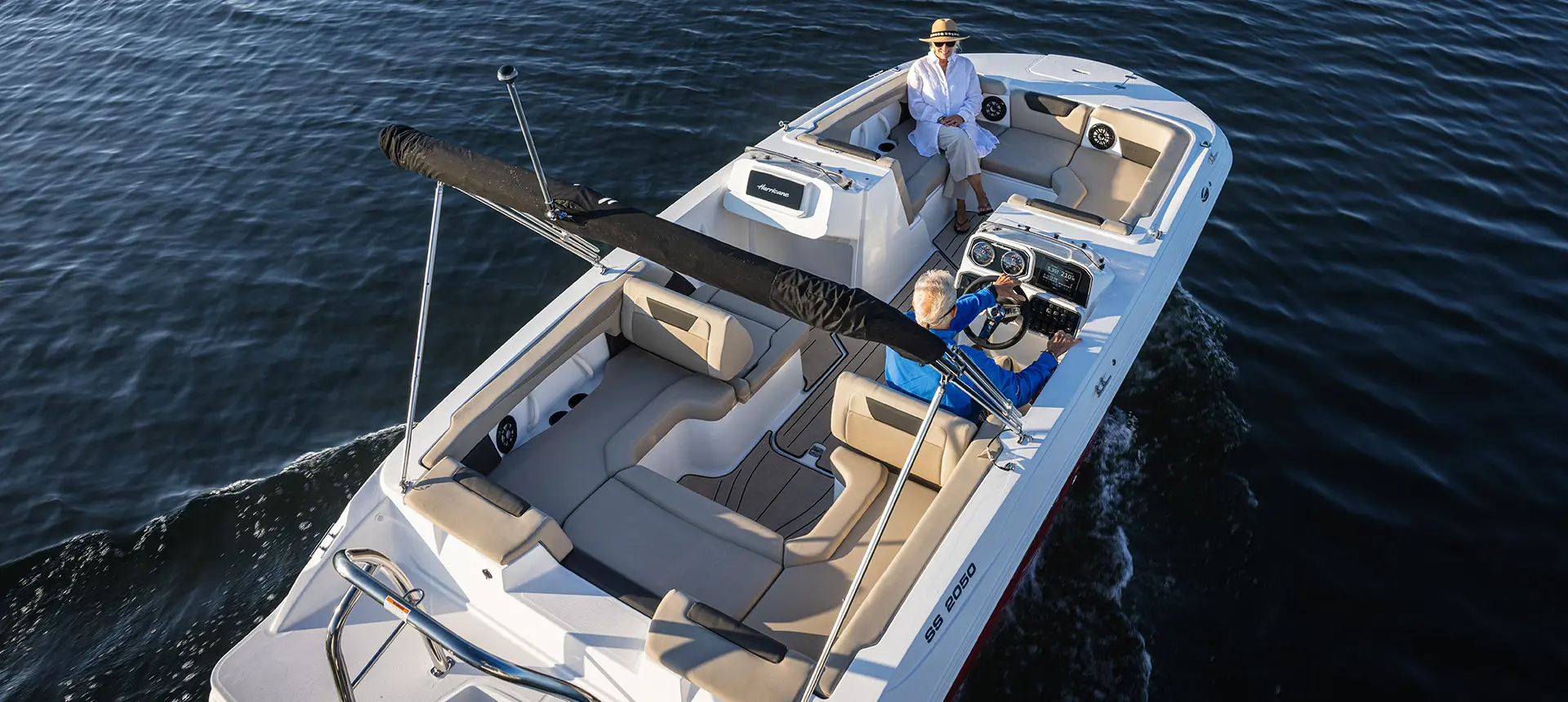 Aerial view of the layout on a Hurricane SunDeck Sport 2050 OB deck boat.