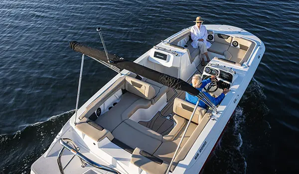 Aerial view of the layout on a Hurricane SunDeck Sport 2050 OB deck boat.