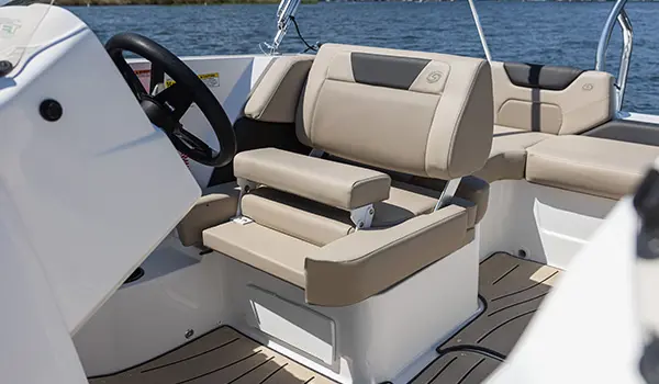 Flip up seat on a Hurricane SunDeck Sport 2050 OB deck boat.