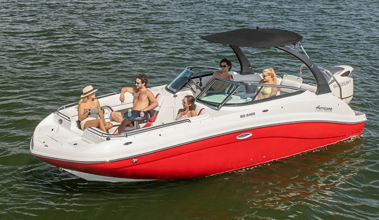 aerial view of a hurricane sundeck ob boat floating on a lake
