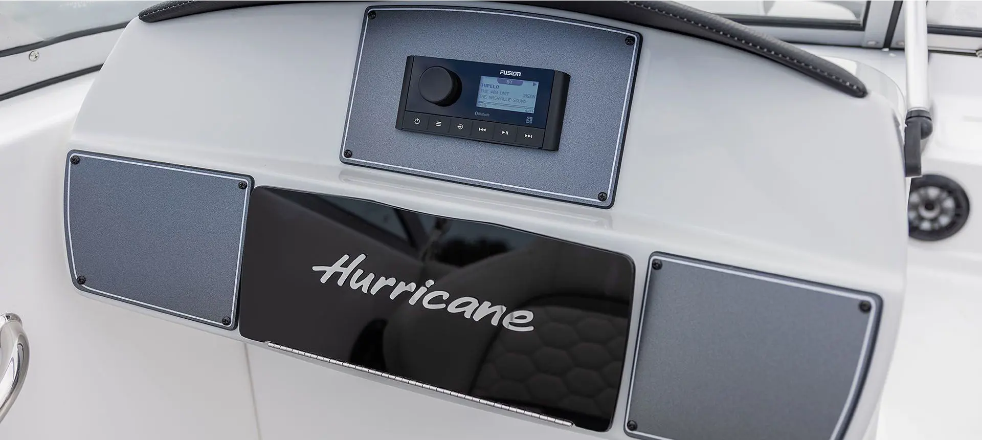 hurricane branding and fusion audio system on a hurricane sundeck ob boat