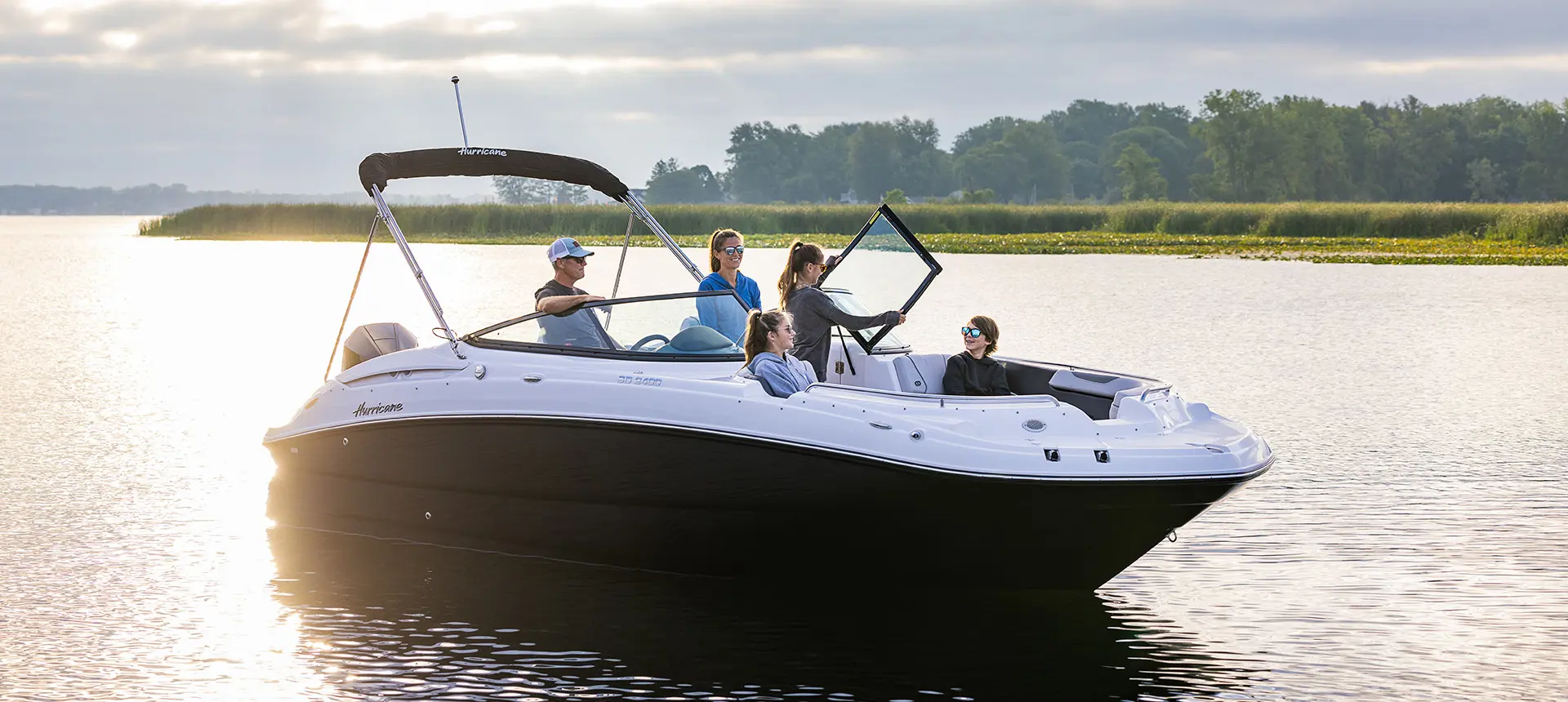 girl walking through the windshield on a hurricane sundeck 2400 ob deck boat