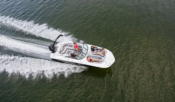 aerial view showing the seating layout on a hurricane sundeck 2400 ob deck boat