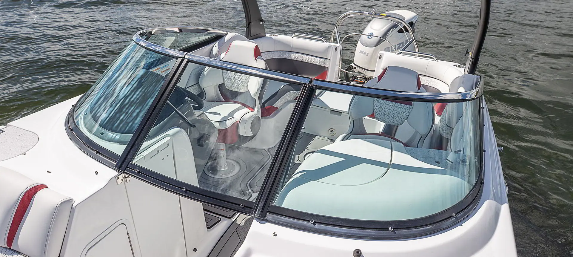 Windshield detail on a Hurricane SunDeck 2486 OB.