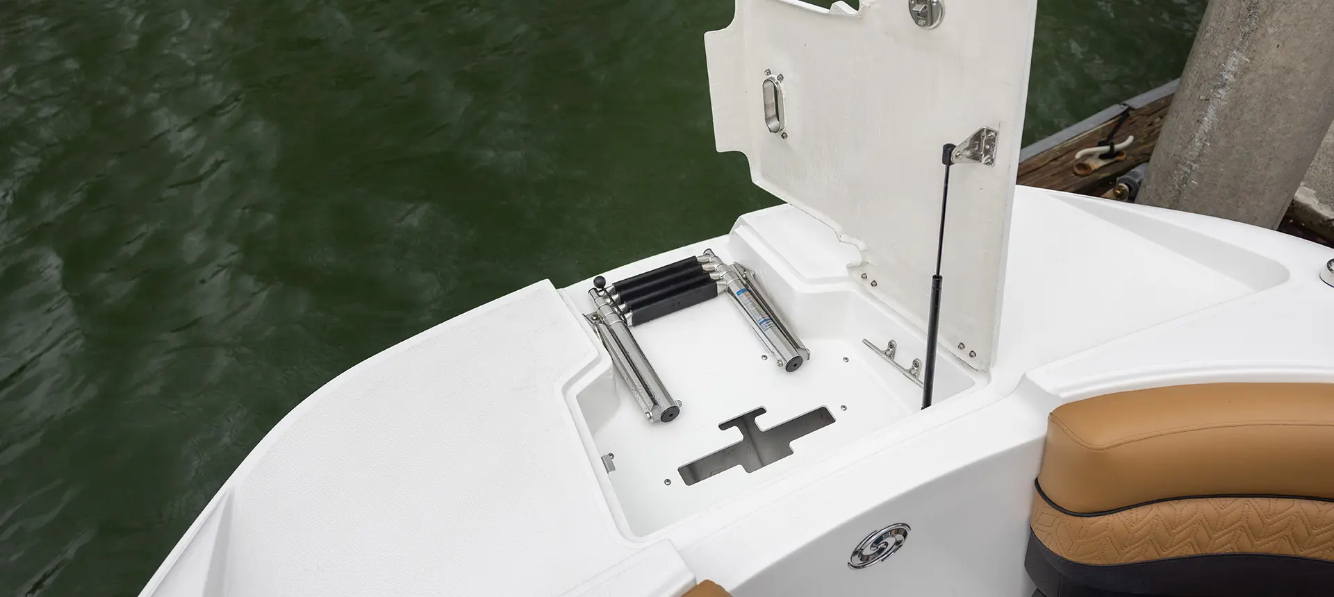 telescoping ladder on the bow of a hurricane sundeck 2690 ob deck boat