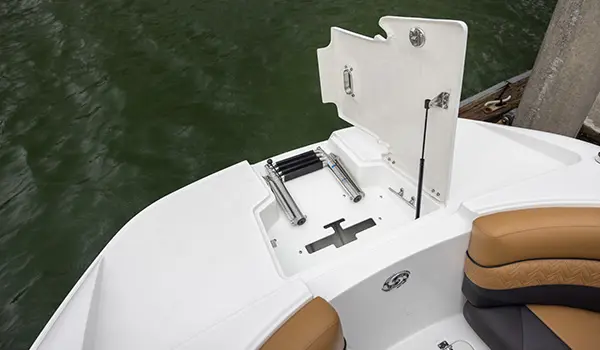 telescoping ladder on the bow of a hurricane sundeck 2690 ob deck boat